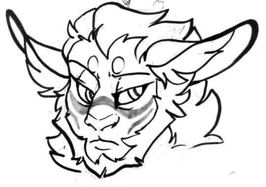 id: a black & white traditional drawing of Azzoloth the demon. he is furred and humanoid, with goatlike nose and ears, and longer mane surrounding his faces and down his neck. Azzoloth has stripes across his nose and cheeks /end id