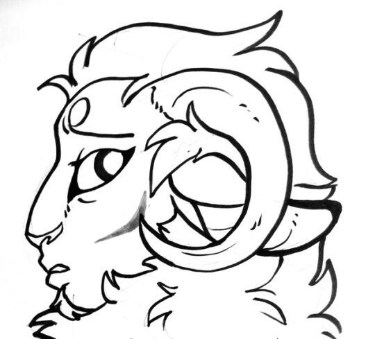 id: a black & white traditional drawing of Morcan the demon. he is furred and humanoid, with goatlike nose and ears, and longer mane surrounding his faces and down his neck. Morcan has curved ram horns, and looks at the viewer from the side nervously /end