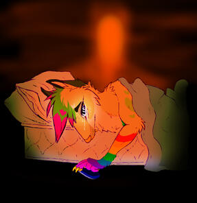 id: a mixed media drawing of Frillious the sparkledog. it is depicted in its alternate form, with light yellow fur, rainbow legs, green and pink head fur, and dark brown ears. its eyes are black and white spirals. Frillious lays on a mattress bed /end id