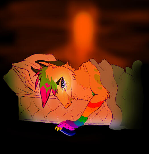 id: a mixed media drawing of Frillious the sparkledog. it is depicted in its alternate form, with light yellow fur, rainbow legs, green and pink head fur, and dark brown ears. its eyes are black and white spirals. Frillious lays on a mattress bed /end id
