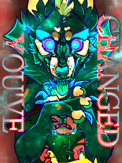 id: a digital portrait painting of Frillious the sparkledog/demon. it has dark green fluffy fur, with light green and cream markings. its claws, fangs, and eyes, are bright blue. Frillious snarls at the viewer with large glowing eyes, its arms crossed /end