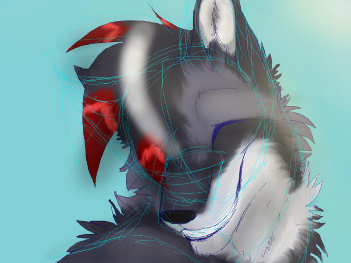 id: a digital portrait sketch of Cinder the demon wolf. its fluffy fur is grey with darker grey accents, white inner ears, muzzle, and chest. the fur on its head is tipped in dark and light reds, covering one eye. its visible eye is closed as it smiles /id