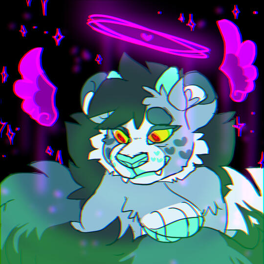 a digital portrait of Savijo the snow panda. they have fluffy teal and white fur, with aqua horns and skin, and yellow/orange eyes. they fold their paws beneath their chin and look down bashfully. behind Savijo are purple glowing wings, stars, and halo /id
