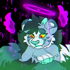 a digital portrait of Savijo the snow panda. they have fluffy teal and white fur, with aqua horns and skin, and yellow/orange eyes. they fold their paws beneath their chin and look down bashfully. behind Savijo are purple glowing wings, stars, and halo /id