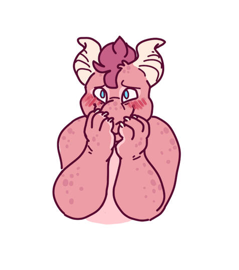 id: a digital portrait of Ember the dragon from the Spyro the Dragon series. she has pink scales, dark pink mane, white horns, and bright blue eyes. Ember covers her snout with her paws, smiling and blushing /end id