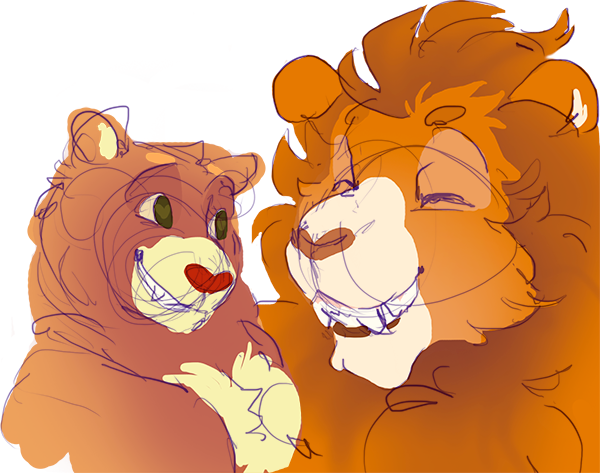 id: a digital portrait sketch of Friend Bear and Brave Heart Lion from Care Bears /end id