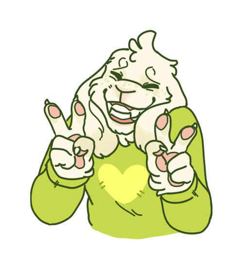 id: a digital portrait drawing of Asriel Dreemurr the boss monster/lightner from Undertale/Deltarune. he has fluffy cream fur, pink paws, white fangs, and wears a green sweater. he grins widely, eyes closed, with both his paws raised into peace signs /end