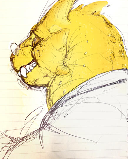 id: a mixed media portrait drawing of Alphys the lizard monster from Undertale/Deltarune. she has a round, soft, dinosaur-like appearance with a horned crest. she wears a white labcoat and small round glasses on her snout. she smiles off camera /end id
