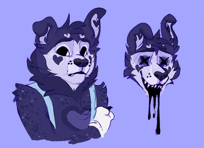 id: a mixed media portrait and headshot of Boris the Wolf from Bendy and the Ink Machine. his fluffy fur is blueish black, with a faint heart on his chest and heart shaped freckles. his face is off-white with heart shaped cheek spots /end id