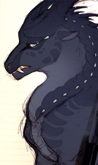 id: a mixed media portrait drawing of Darkstalker the nightwing from Wings of Fire. he looks at the viewer with a pained expression, curling his lip to show his fangs /end id