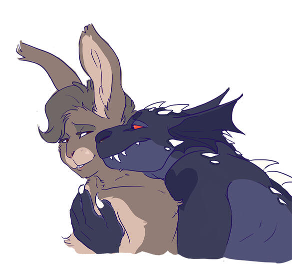 id: a digital portrait drawing of Royal Guard(s) 01 and 02 from Undertale / Deltarune, depicted without their armor. RG01 is a bunny monster with dusty brown fur and light brown markings. RG02 is a dragon monster with black scales and frilled ears /end id