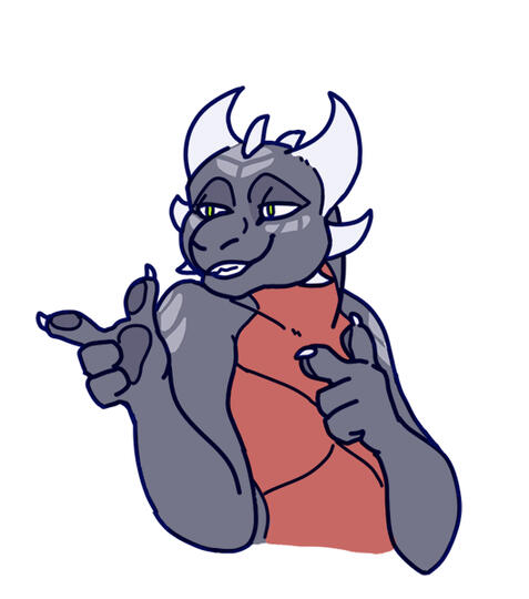id: a digital portrait of Cynder the dragon from the Spyro the Dragon series. she has black scales, dull red belly, white horns, and green eyes. Cynder finger guns with both paws, smirking /end id