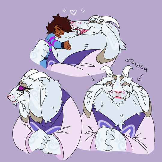 id: three digital portrait sketches of Toriel the boss monster from Undertale/Deltarune. she is a caprine creature with white silvery fur, curved horns, pink nose, purple eyes, and a large dewlap. she wears a purple and white robe /end id