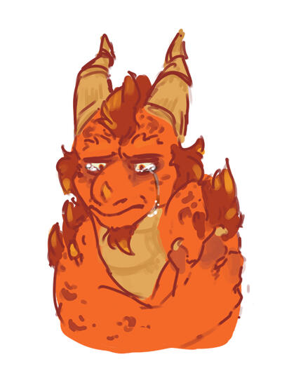 id: two digital portrait drawings of Ignitus the fire dragon from the Spyro the Dragon series. he has orange scales, dark red frills, gold eyes, and tan belly / horns. Ignitus holds onto himself for comfort as he cries /end id