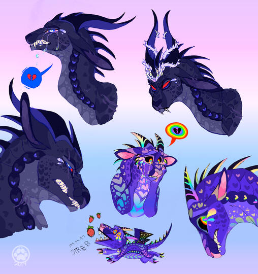 id: multiple mixed media portrait drawings of Darkstalker the nightwing/icewing and Peacemaker the nightwing/rainwing from Wings of Fire /end id