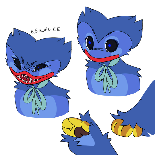 id: several sketches of Huggy Wuggy the living toy from Poppy Playtime. two sketches are close up studies of his paws, one portrait of Huggy with a neutral expression, and one portrait of Huggy snarling /end id