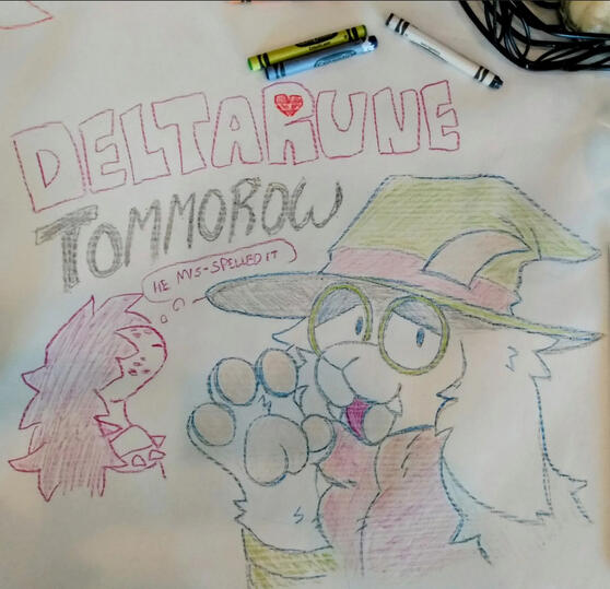 id: a crayon drawing of Ralsei from Deltarune, saying "Deltarune tommorow!" in the background, Susie looks up at the words thinking: "he miss-spelled it..." /end id