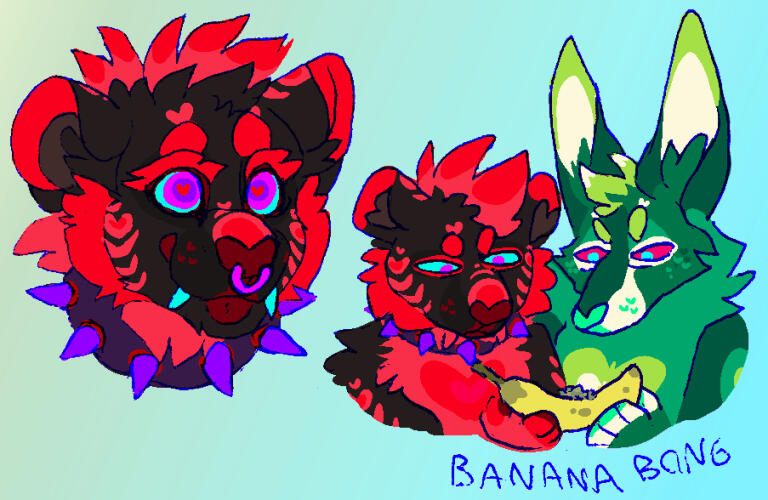 id: 2 mixed media portrait sketches of Frillious the sparkledog and Noodle the sparklewolf. Frillious has long ears with green fur and yellow/green and cream markings. Noodle has fluffy black fur with red stripes, and wears a spiked collar and nosering /id