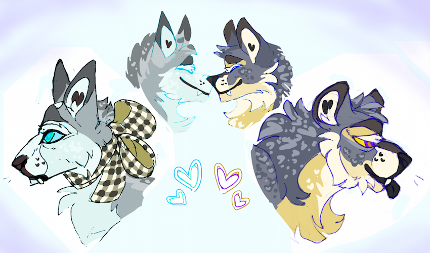id: two mixed media portrait drawings of Missed (left) and Dusty (right) the wolf stuffies. in one they're facing away from each other, above that they're booping noses happily /end id