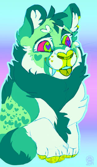 id: a mixed media drawing of Neon the snow panda. it is a halfbody from the arms up, with Neon holding its paws together and sticking its dark yellow tongue out playfully. its body structure resembles a snow leopard, its fur is several shades green /end id