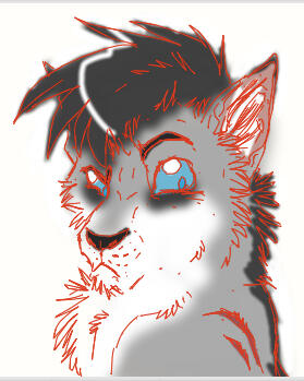 id: a digital portrait sketch of Danny the werewolf. he is lined in red, looking behind him with an exaggerated judgemental expression. his fur is grey with a black mane and markings under his light blue eyes. his face, chest, and inner ears are white /end