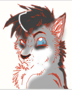 id: a digital portrait sketch of Danny the werewolf. he is lined in red, looking behind him with an exaggerated judgemental expression. his fur is grey with a black mane and markings under his light blue eyes. his face, chest, and inner ears are white /end