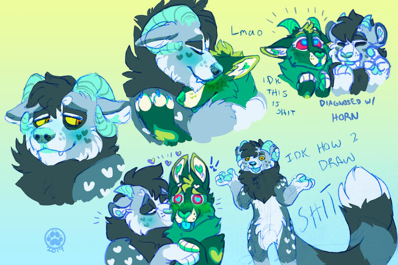 id: various mixed media drawings of Frillious the sparkledog and Savijo the snow panda, some portraying them cuddling /end id