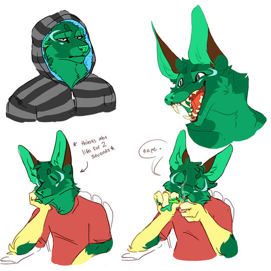 id: four digital portrait drawings of Frillious the sparkledog. its fur is dark green with a lighter underbody, brown ears, blue crescent markings, and yellow arms. its nose is vivid green, off-white fangs, and black/white eyes /end id