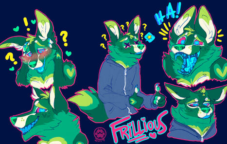 id: various mixed media drawings of Frillious the sparkledog. its fur is shades of dark green, with yellow-green and light cream markings and accents. is nose and teeth are lime green, with a bright blue tongue. its eyes are vivid red with blue pupils /id