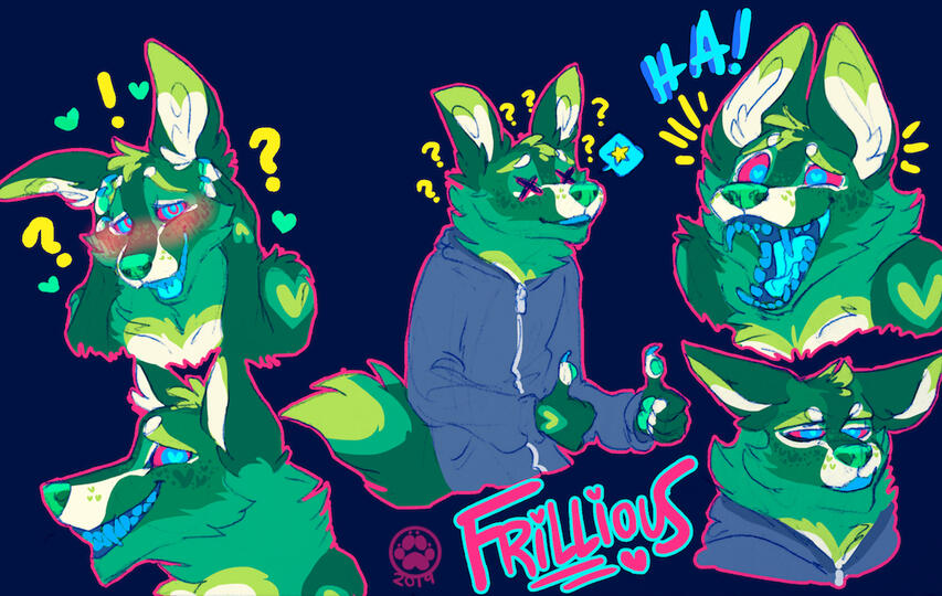 id: various mixed media drawings of Frillious the sparkledog. its fur is shades of dark green, with yellow-green and light cream markings and accents. is nose and teeth are lime green, with a bright blue tongue. its eyes are vivid red with blue pupils /id