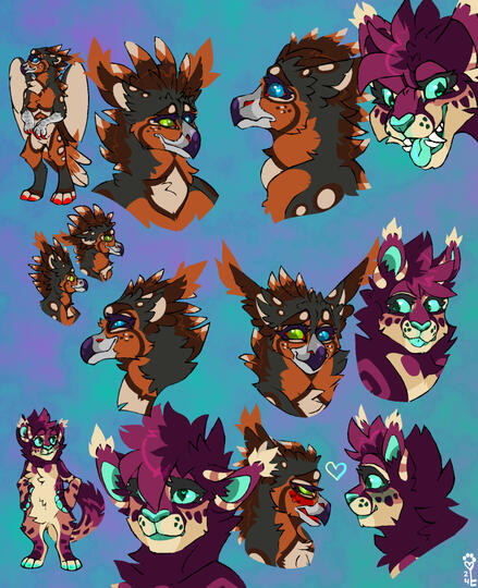 id: several mixed media drawings of Zachary the griffin and Rye the snow leopard/cheetah/lynx mix /end id