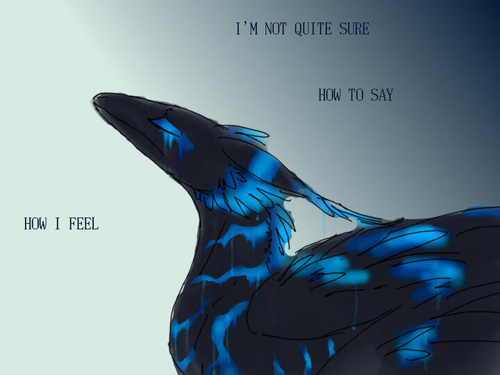 id: a digital portrait sketch of (nameless) the dragon/demon. its feathers are black with blue stripes that "drip / bleed" color down its body. it tilts its head up with a pained expression /end id
