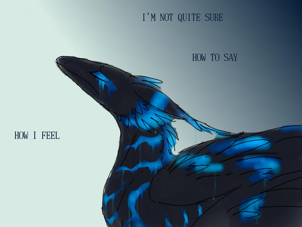 id: a digital portrait sketch of (nameless) the dragon/demon. its feathers are black with blue stripes that "drip / bleed" color down its body. it tilts its head up with a pained expression /end id