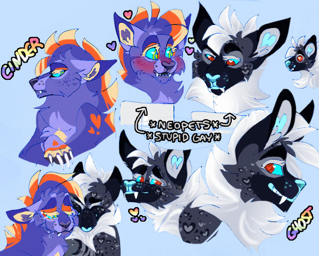 id: several mixed media portrait drawings of Cinder the wolf demon and Ghost the werehyena /end id