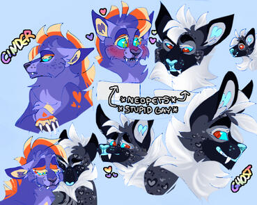 id: several mixed media portrait drawings of Cinder the wolf demon and Ghost the werehyena /end id