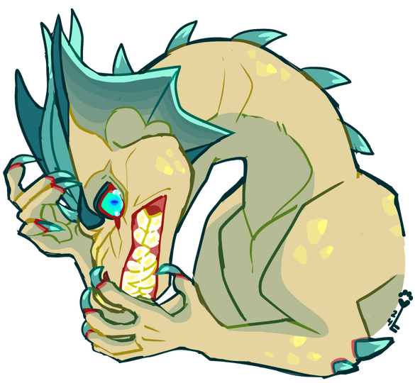 id: a digital portrait drawing of Sovarryn the dragon. his scales are pale gold, flecked with yellow, & pale green accents. his large webbed ears are teal, edged in bright turquoise, as well as his horns, spines, & claws /end id