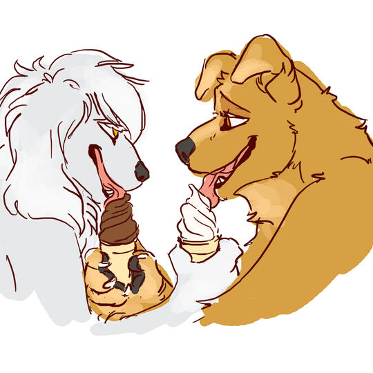 id: a digital portrait sketch of Laila the afghan hound and Romeo the golden retriever mix from Roadside Romeo, lovingly sharing each other's ice cream cones /end id
