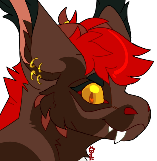 id: a digital portrait sketch of Belzenef the dutch angel dragon. his fur is dark brown with brown markings, with a red mane, maroon horns and cheek spines, and golden eyes. their right ear has four piercings. Belzenef grins at the viewer /end id