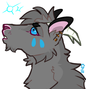 id: a digital portrait sketch of Cinderlily the mountain goat. her fluffy fur is grey, with two blue oval spots on her cheeks, close in hue to her blue eyes. her nose and pierced ears are pink, and curved horns are white. Cinderlily looks up /end id