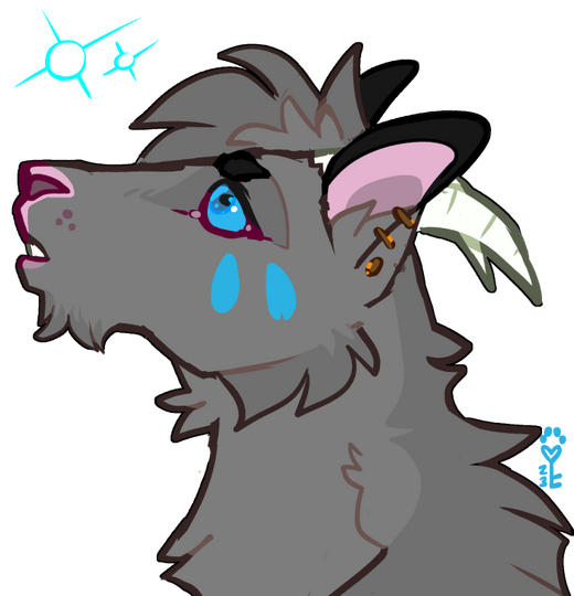 id: a digital portrait sketch of Cinderlily the mountain goat. her fluffy fur is grey, with two blue oval spots on her cheeks, close in hue to her blue eyes. her nose and pierced ears are pink, and curved horns are white. Cinderlily looks up /end id