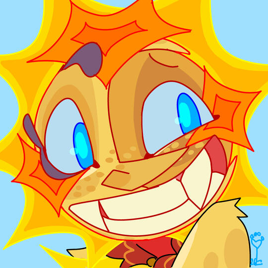 id: a digital portrait sketch of Sun the star animatronic from Five Nights at Freddy's. he is depicted as a sun sphinx, giving the viewer a big toothy smile against a blue background /end id