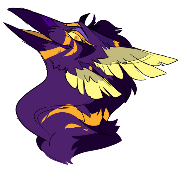 id: a digital portrait sketch of Blair the gryphon monster. her feathers are purple with a dark purple mane and beak, orange stripes, and yellow feathered ears. Blair tips her head back and smiles at the viewer from the side /end id