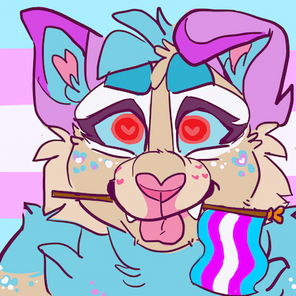 id: a digital portrait drawing of Latte the domestic cat. their fur is beige with white eyespots, pink ears, and a blue chest, head fluff, and shoulders. their nose and tongue are pink, and eyes are blue and red. Latte holds a trans flag in their mouth /id