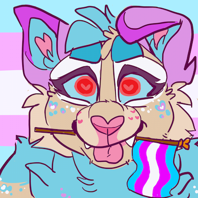 id: a digital portrait drawing of Latte the domestic cat. their fur is beige with white eyespots, pink ears, and a blue chest, head fluff, and shoulders. their nose and tongue are pink, and eyes are blue and red. Latte holds a trans flag in their mouth /id