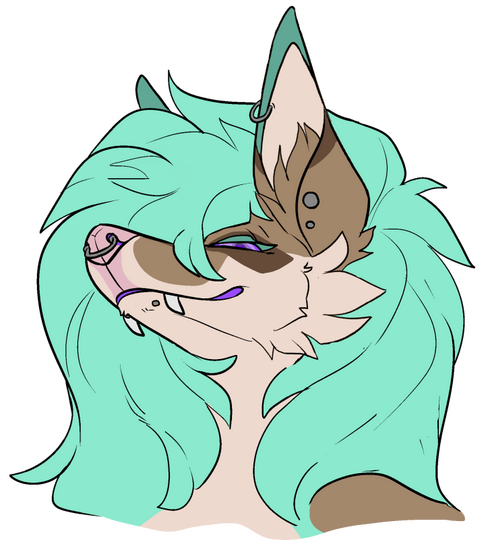 id: a digital portrait sketch of Crystal the fennec fox/raccoon mix. her fur is dusty brown with dark brown and sandy markings, long seafoam mane, pink nose, and purple eyes. her nose, chin, and ears have grey piercings /end id