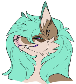 id: a digital portrait sketch of Crystal the fennec fox/raccoon mix. her fur is dusty brown with dark brown and sandy markings, long seafoam mane, pink nose, and purple eyes. her nose, chin, and ears have grey piercings /end id