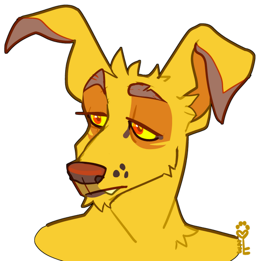 id: digital portrait drawing of Archie the dog / kangaroo mix. his body shape takes on kangaroo features, with a dog's nose and floppy tips to his ears. his short, scruffy fur is yellow, with orange inner ears and patches around his eyes /end id