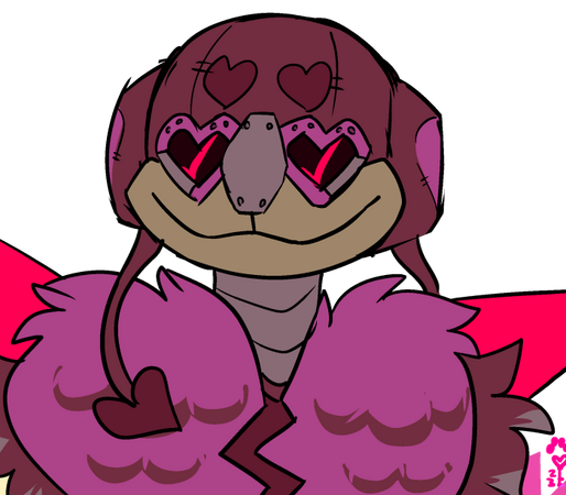 id: a digital portrait sketch of Amoury the air epic wubbox from My Singing Monsters. he is deep maroon and pink, with heart shaped goggles and hat tassels. his feathered chest is shaped like a broken heart /end id