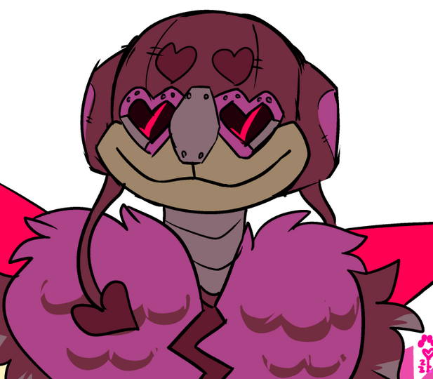 id: a digital portrait sketch of Amoury the air epic wubbox from My Singing Monsters. he is deep maroon and pink, with heart shaped goggles and hat tassels. his feathered chest is shaped like a broken heart /end id