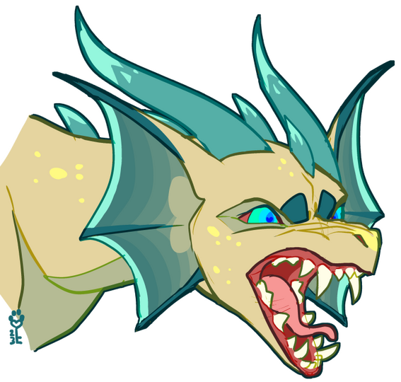 id: a digital portrait drawing of Sovarryn the dragon. his scales are pale gold, flecked with yellow, & pale green accents. his large webbed ears are teal, edged in bright turquoise, as well as his horns, spines, & claws /end id